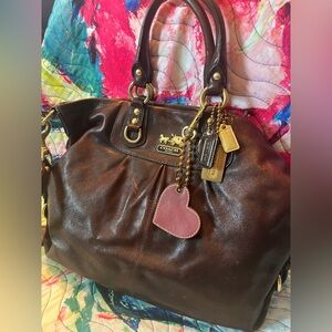 Coach Brown Leather Shoulder Bag with Heart Charm